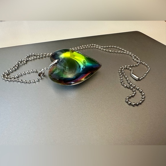 Crystal Glass Multicolor Heart Charm Pendant  Necklace Big 43mm 3D 60cm Chain - Picture 6 of 8